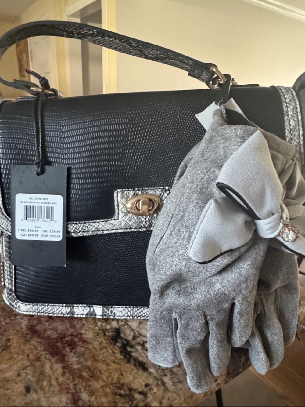 Black Textured Crossbody Bag with Silver Trim